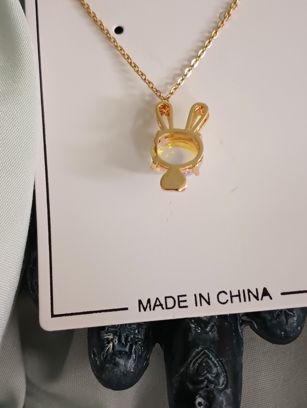 Fashion Jewelry Gold Bunny Necklace with Opalescent Blue Stone - Picture 9 of 11